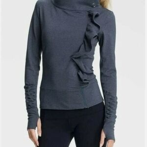 KARMA San Suu ruffle Sz M Zip jacket Gray Workout SWEATSHIRT w thumbholes